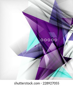Color triangles, unusual abstract background. Realistic paper 3d composition with shadows and glossy elements, origami concept layout