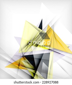 Color triangles, unusual abstract background. Realistic paper 3d composition with shadows and glossy elements, origami concept layout