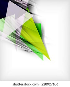 Color triangles, unusual abstract background. Realistic paper 3d composition with shadows and glossy elements, origami concept layout
