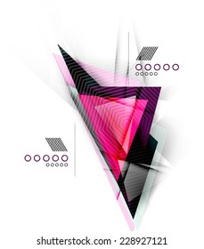 Color triangles, unusual abstract background. Realistic paper 3d composition with shadows and glossy elements, origami concept layout