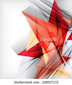 Color triangles, unusual abstract background. Realistic paper 3d composition with shadows and glossy elements, origami concept layout