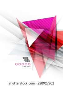 Color triangles, unusual abstract background. Realistic paper 3d composition with shadows and glossy elements, origami concept layout