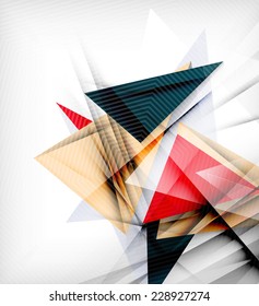 Color triangles, unusual abstract background. Realistic paper 3d composition with shadows and glossy elements, origami concept layout