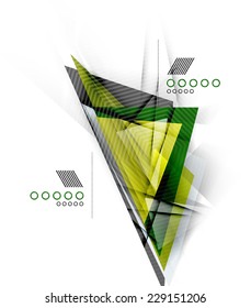Triángulos de color, fondo abstracto inusual. Composición 3d de papel realista con sombras y elementos brillantes, diseño de concepto de origami