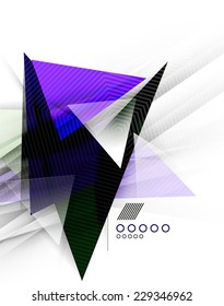 Color triangles, unusual abstract background. Realistic paper 3d composition with shadows and glossy elements, origami concept layout