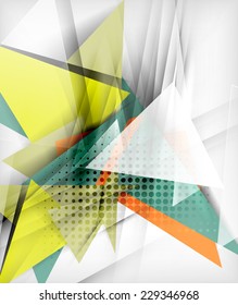 Color triangles, unusual abstract background. Realistic paper 3d composition with shadows and glossy elements, origami concept layout