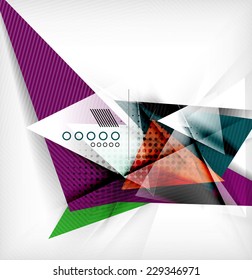 Color triangles, unusual abstract background. Realistic paper 3d composition with shadows and glossy elements, origami concept layout