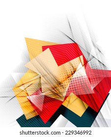 Triângulos de cores, fundo abstrato incomum. Composição 3d de papel realista com sombras e elementos brilhantes, layout de conceito origami