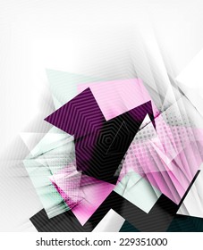 Color triangles, unusual abstract background. Realistic paper 3d composition with shadows and glossy elements, origami concept layout