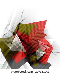 Triángulos de color, fondo abstracto inusual. Composición 3d de papel realista con sombras y elementos brillantes, diseño de concepto de origami