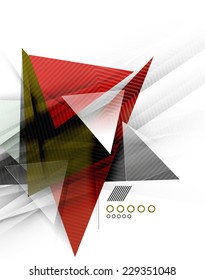 Color triangles, unusual abstract background. Realistic paper 3d composition with shadows and glossy elements, origami concept layout