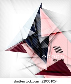 Color triangles, unusual abstract background. Realistic paper 3d composition with shadows and glossy elements, origami concept layout