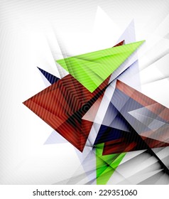 Color triangles, unusual abstract background. Realistic paper 3d composition with shadows and glossy elements, origami concept layout