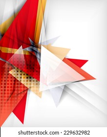 Color triangles, unusual abstract background. Realistic paper 3d composition with shadows and glossy elements, origami concept layout