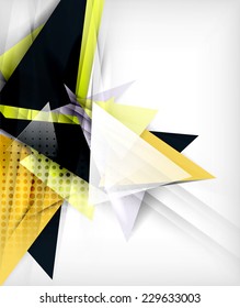 Color triangles, unusual abstract background. Realistic paper 3d composition with shadows and glossy elements, origami concept layout
