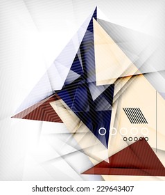 Color triangles, unusual abstract background. Realistic paper 3d composition with shadows and glossy elements, origami concept layout