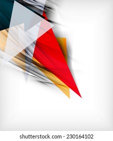 Color triangles, unusual abstract background. Realistic paper 3d composition with shadows and glossy elements, origami concept layout