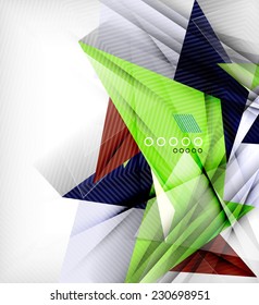 Color triangles, unusual abstract background. Realistic paper 3d composition with shadows and glossy elements, origami concept layout