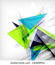 Triángulos de color, fondo abstracto inusual. Composición 3d de papel realista con sombras y elementos brillantes, diseño de concepto de origami