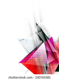 Triángulos de color, fondo abstracto inusual. Composición 3d de papel realista con sombras y elementos brillantes, diseño de concepto de origami