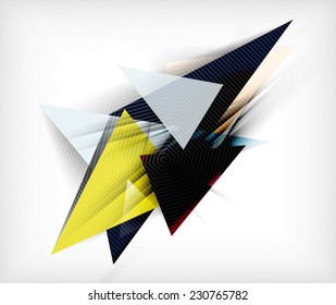Color triangles, unusual abstract background. Realistic paper 3d composition with shadows and glossy elements, origami concept layout