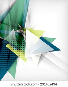 Triángulos de color, fondo abstracto inusual. Composición 3d de papel realista con sombras y elementos brillantes, diseño de concepto de origami