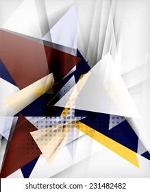 Color triangles, unusual abstract background. Realistic paper 3d composition with shadows and glossy elements, origami concept layout