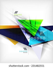 Color triangles, unusual abstract background. Realistic paper 3d composition with shadows and glossy elements, origami concept layout