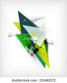 Color triangles, unusual abstract background. Realistic paper 3d composition with shadows and glossy elements, origami concept layout