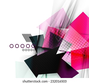 Color triangles, unusual abstract background. Realistic paper 3d composition with shadows and glossy elements, origami concept layout