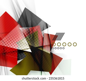 Color triangles, unusual abstract background. Realistic paper 3d composition with shadows and glossy elements, origami concept layout
