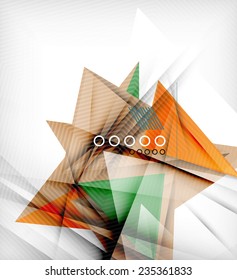 Triângulos de cores, fundo abstrato incomum. Composição 3d de papel realista com sombras e elementos brilhantes, layout de conceito origami