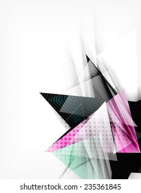 Color triangles, unusual abstract background. Realistic paper 3d composition with shadows and glossy elements, origami concept layout