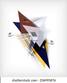 Triângulos de cores, fundo abstrato incomum. Composição 3d de papel realista com sombras e elementos brilhantes, layout de conceito origami