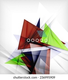 Color triangles, unusual abstract background. Realistic paper 3d composition with shadows and glossy elements, origami concept layout