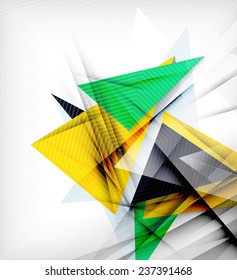 Triángulos de color, fondo abstracto inusual. Composición 3d de papel realista con sombras y elementos brillantes, diseño de concepto de origami