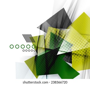 Color triangles, unusual abstract background. Realistic paper 3d composition with shadows and glossy elements, origami concept layout