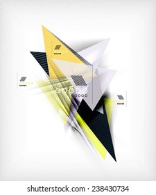 Color triangles, unusual abstract background. Realistic paper 3d composition with shadows and glossy elements, origami concept layout