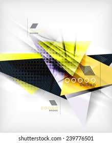 Triângulos de cores, fundo abstrato incomum. Composição 3d de papel realista com sombras e elementos brilhantes, layout de conceito origami