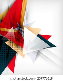 Color triangles, unusual abstract background. Realistic paper 3d composition with shadows and glossy elements, origami concept layout