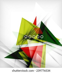 Color triangles, unusual abstract background. Realistic paper 3d composition with shadows and glossy elements, origami concept layout