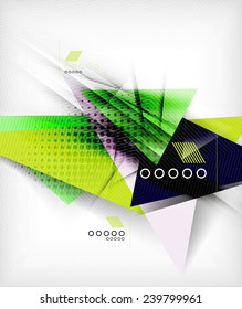 Color triangles, unusual abstract background. Realistic paper 3d composition with shadows and glossy elements, origami concept layout