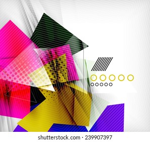 Color triangles, unusual abstract background. Realistic paper 3d composition with shadows and glossy elements, origami concept layout