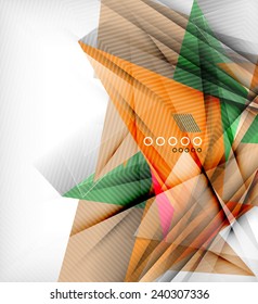 Triángulos de color, fondo abstracto inusual. Composición 3d de papel realista con sombras y elementos brillantes, diseño de concepto de origami