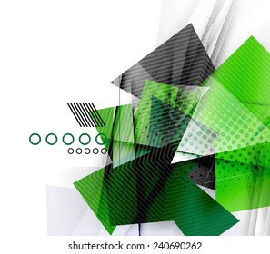 Color triangles, unusual abstract background. Realistic paper 3d composition with shadows and glossy elements, origami concept layout