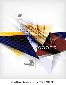 Color triangles, unusual abstract background. Realistic paper 3d composition with shadows and glossy elements, origami concept layout