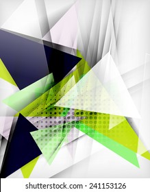 Color triangles, unusual abstract background. Realistic paper 3d composition with shadows and glossy elements, origami concept layout