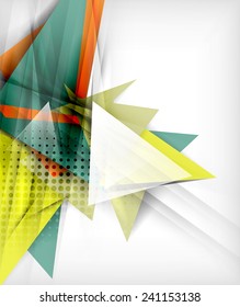 Color triangles, unusual abstract background. Realistic paper 3d composition with shadows and glossy elements, origami concept layout