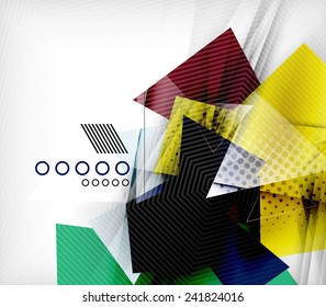 Farbdreiecke, ungewöhnlicher abstrakter Hintergrund. Realistisches 3D-Papier mit Schatten und glänzenden Elementen, Origami-Konzeptlayout