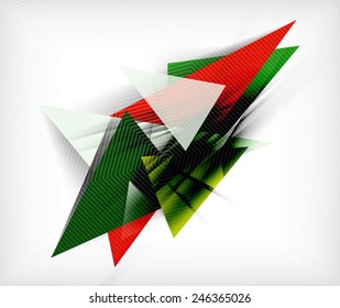 Color triangles, unusual abstract background. Realistic paper 3d composition with shadows and glossy elements, origami concept layout